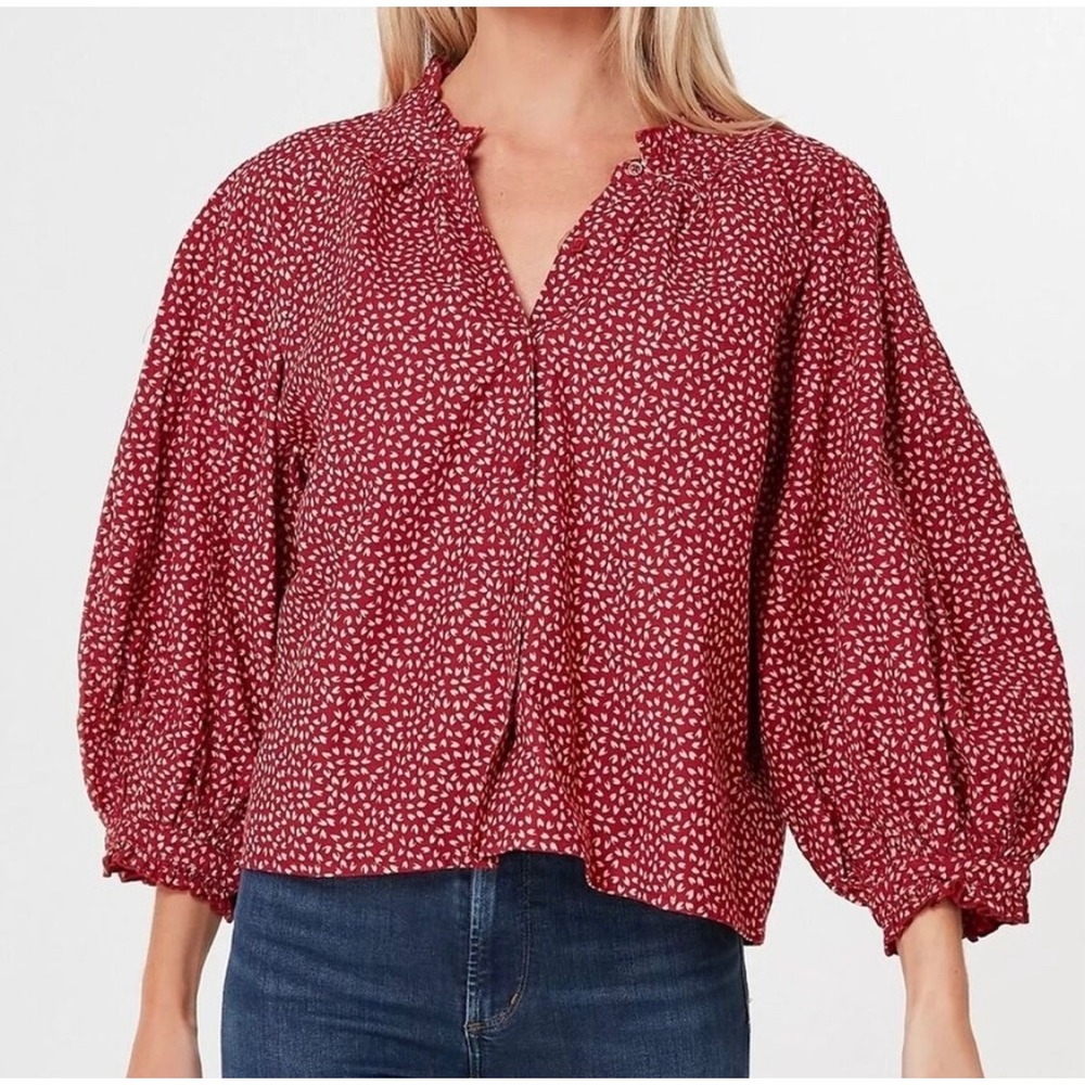 The Great Boutonniere Top 2 Red Laurel Leaf Ruffle Balloon Sleeve Boho Cottage